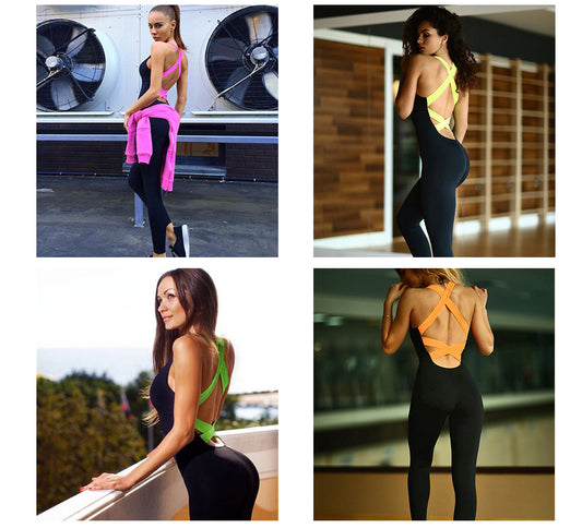 Backless workout jumpsuit shown from several angles