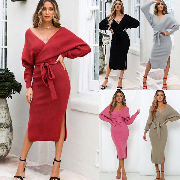 Women's Knitted V-Neck Sweater Dress | Batwing Midi Dress