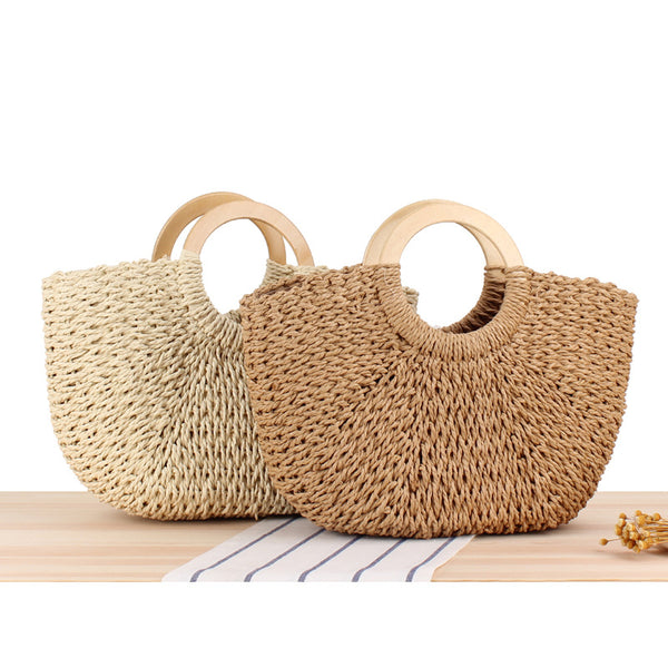 Summer Top Handle Semi Circle Straw Bag