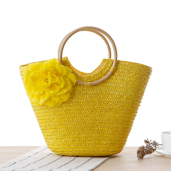Woven Straw Totebag with Flowers