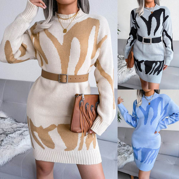Women's Abstract-Print Knit Sweater Dress | Long-Sleeve Mini Dress