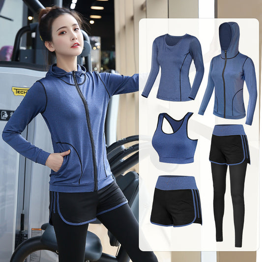 Blue hooded jacket gym set on model with pieces shown