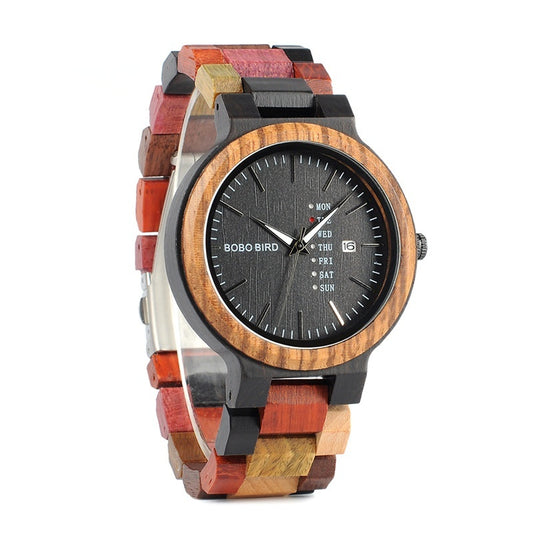 Multicolour wooden watch with black dial, front view