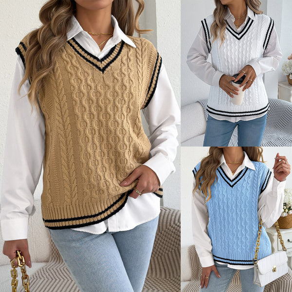 Women's Color-Block Sweater Vest | V-Neck Cable-Knit
