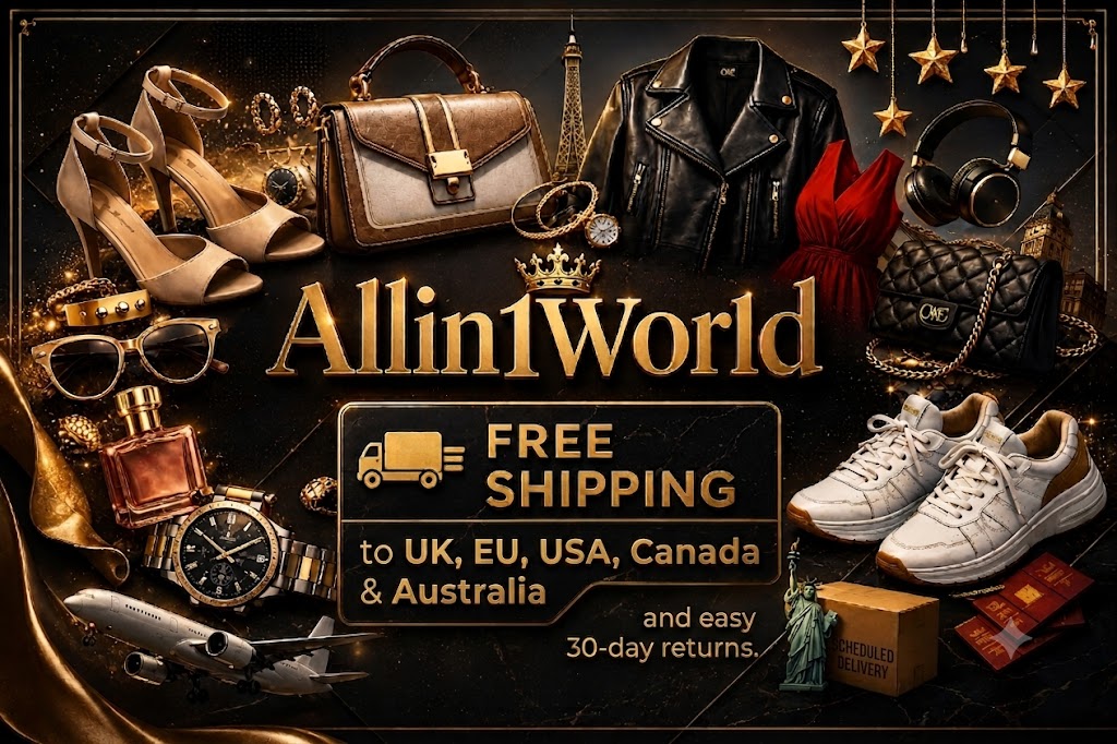 High-resolution promotional banner for All In 1 World online store featuring premium fashion items, handbags, high heels, leather jacket, and sneakers on a black marble background - Text highlights Free Shipping to UK, EU, USA, Canada, & Australia with 30-day returns - ALL IN 1 WORLD