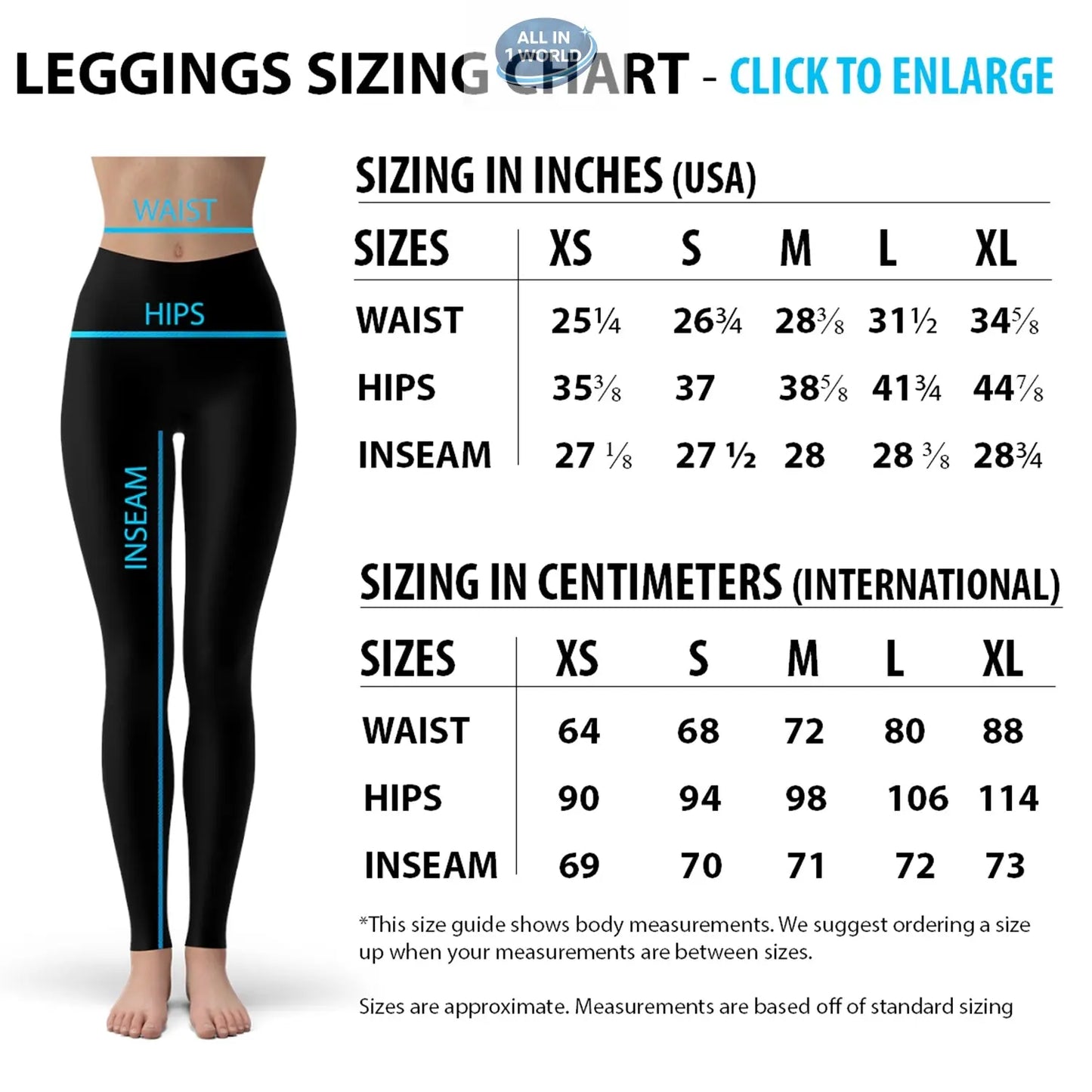 Detailed Leggings Sizing Chart for All In 1 World, showing measurements in both inches (USA) and centimeters (International) for waist, hips, and inseam - Sizes ranging from XS to XL - Size guide for women's high-waisted sports leggings.