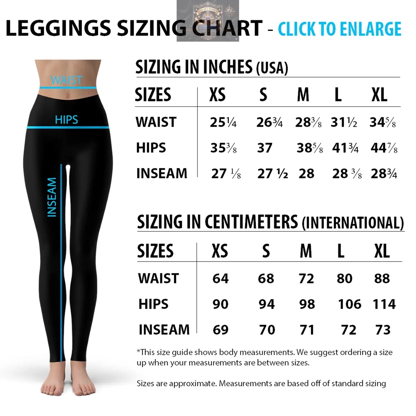 Detailed Leggings Sizing Chart for All In 1 World, showing measurements in both inches (USA) and centimeters (International) for waist, hips, and inseam - Sizes ranging from XS to XL - Size guide for women's high-waisted sports leggings.