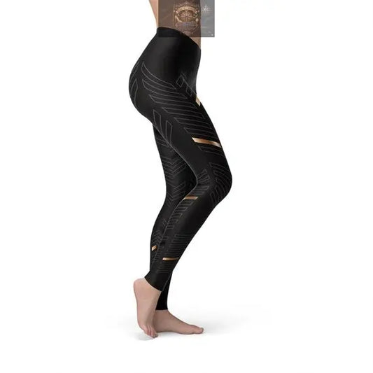 Side view of high-waisted black sports leggings, highlighting the intricate geometric cut-out design and compression fit for athletic performance - ALL IN 1 WORLD