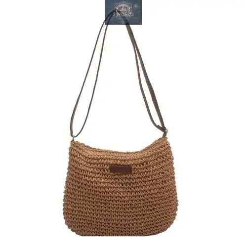 Front view of a tan brown hand-woven summer straw shoulder bag on a white background - Featuring rustic wicker texture and matching dark brown leather straps - Chic casual vacation handbag - ALL IN 1 WORLD