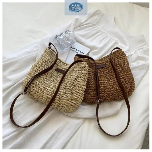 Two elegant summer straw shoulder bags in light beige and tan brown displayed together - Featuring rustic hand-woven wicker texture and dark brown leather straps - Perfect casual boho accessories for beach and vacation - ALL IN 1 WORLD