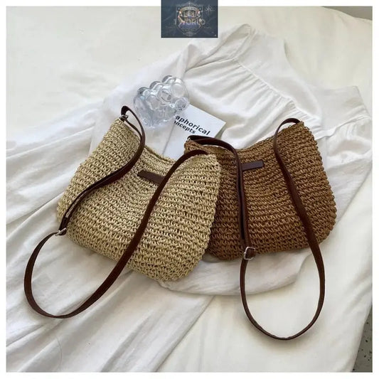 Two elegant summer straw shoulder bags in light beige and tan brown displayed together - Featuring rustic hand-woven wicker texture and dark brown leather straps - Perfect casual boho accessories for beach and vacation - ALL IN 1 WORLD