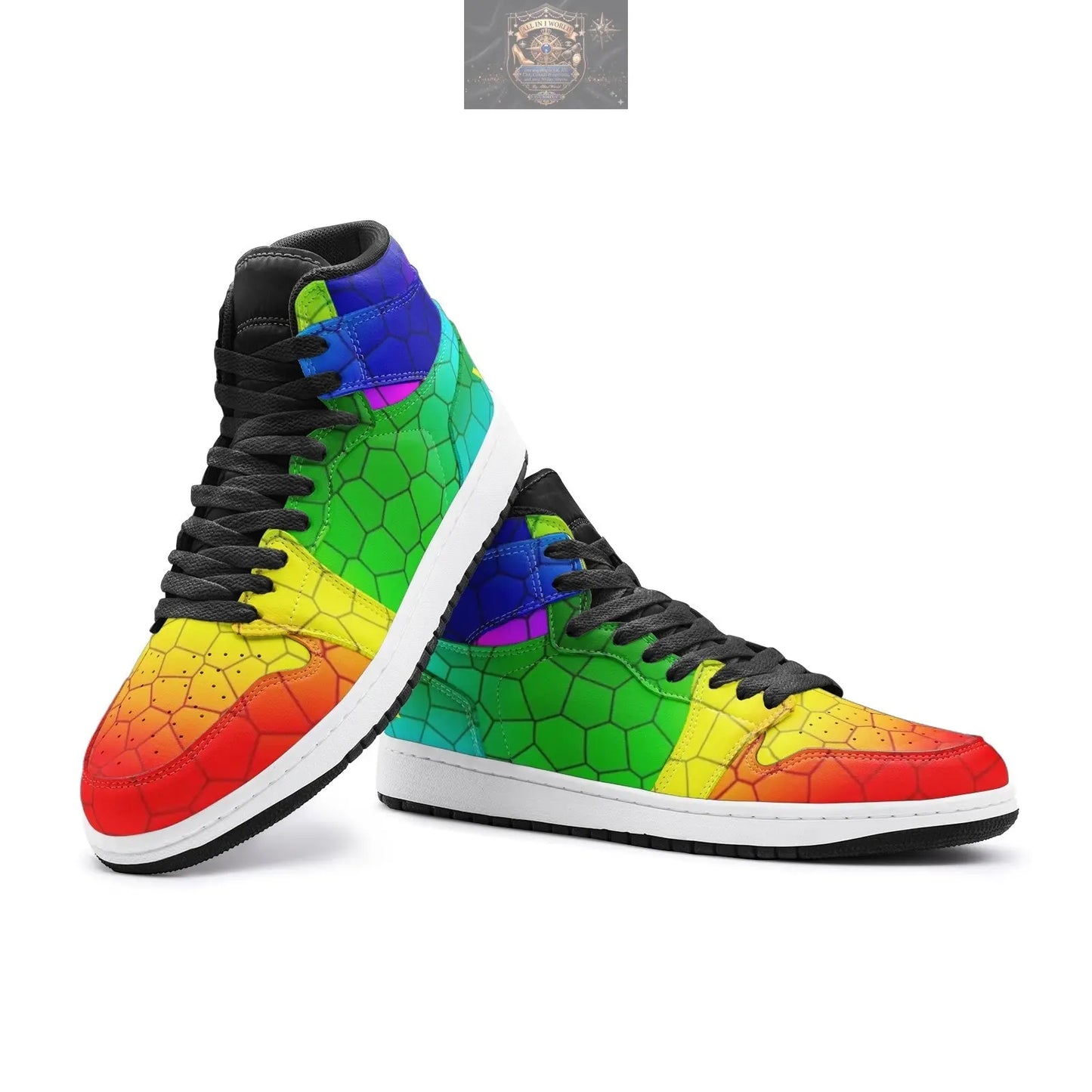 Perspective view of VIPER HIP HOP Style 55TO high-top sneakers, featuring a vibrant rainbow mosaic pattern with hexagonal geometric lines - Edgy colorful streetwear with black laces and white sole - ALL IN 1 WORLD