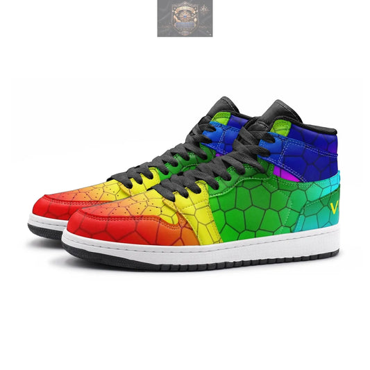 Front perspective of VIPER Style 55TO mosaic sneakers, highlighting the vibrant red toe and multi-colored hexagonal pattern - High-top hip-hop style with premium black laces and white sole - ALL IN 1 WORLD