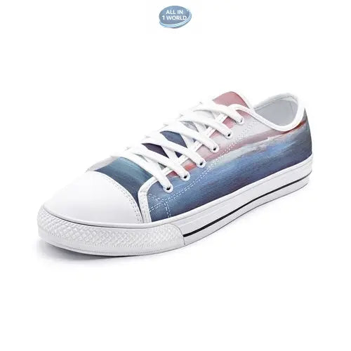 Single unit of white VIPER STYLE 54TT low-top canvas shoe, showcasing the detailed blue and red artistic landscape print - Clean white sole and toe cap with classic white laces - ALL IN 1 WORLD