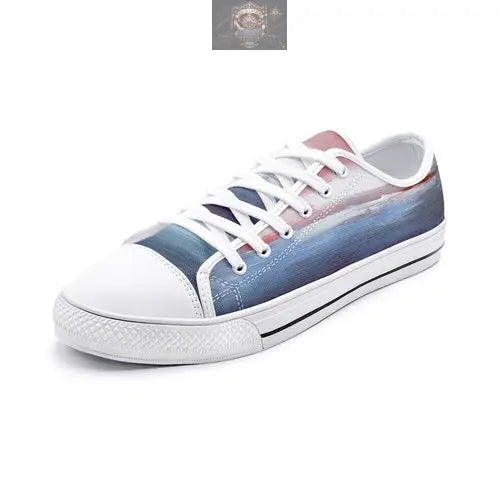 Single unit of white VIPER STYLE 54TT low-top canvas shoe, showcasing the detailed blue and red artistic landscape print - Clean white sole and toe cap with classic white laces - ALL IN 1 WORLD