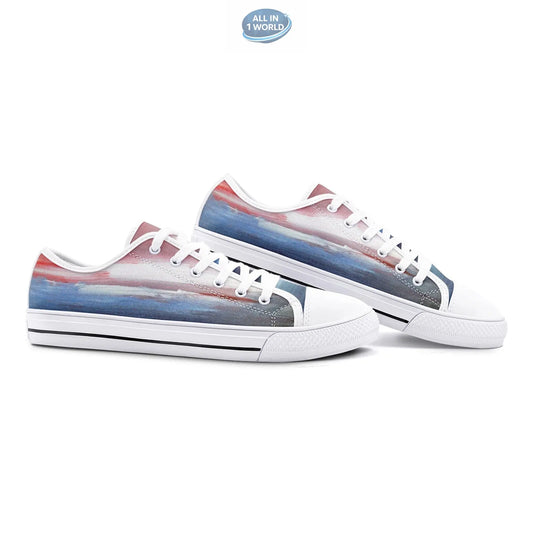 Perspective side view of white VIPER STYLE 54TT low-top canvas sneakers, showcasing the artistic blue and red landscape print - Classic white sole and laces with a creative modern design - ALL IN 1 WORLD