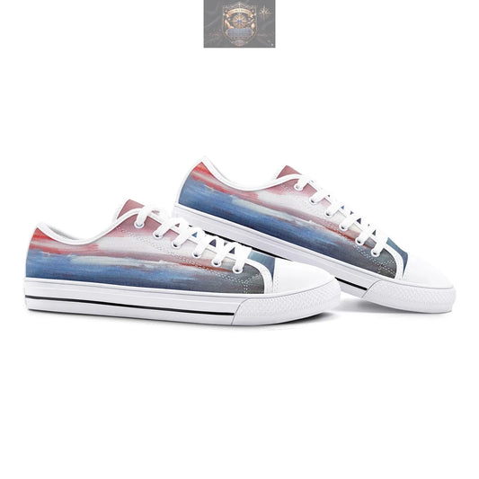 Perspective side view of white VIPER STYLE 54TT low-top canvas sneakers, showcasing the artistic blue and red landscape print - Classic white sole and laces with a creative modern design - ALL IN 1 WORLD