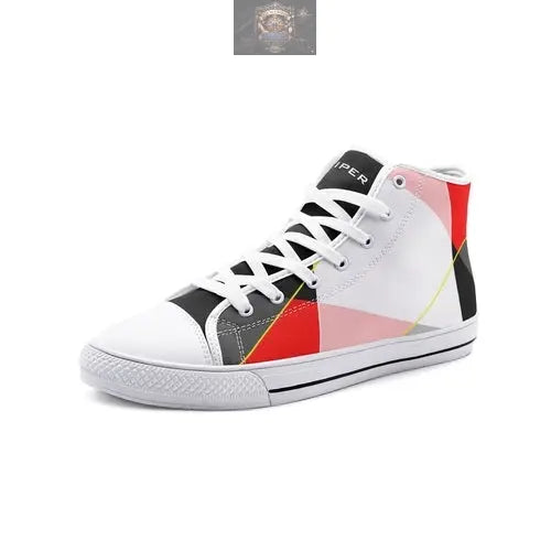 Single VIPER high-top canvas shoe in white, showcasing the brand logo on the tongue and the vibrant abstract geometric art on the side - Premium lace-up sneaker design - ALL IN 1 WORLD