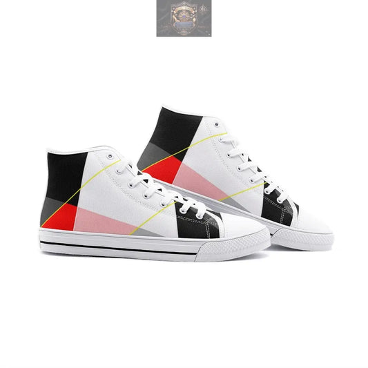 Pair of VIPER white high-top canvas sneakers featuring a colorful abstract geometric pattern - Modern lace-up design with white soles for a fresh, artistic streetwear vibe - ALL IN 1 WORLD