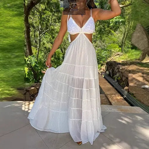 Action shot of the white boho vacation maxi dress, showcasing the large swing skirt and breathable fabric - Summer suspender dress with crochet top and side cut-outs for a loose casual fit - All In 1 World