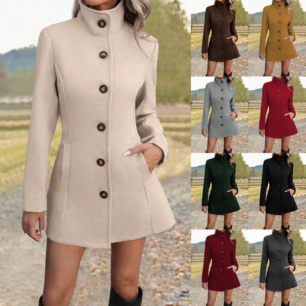 Women's Stand-Collar Long Coat | Button-Detail Winter Coat