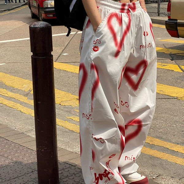 Women's Graffiti-Print Wide-Leg Pants | Baggy Streetwear Trousers