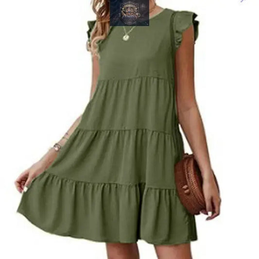 Short olive green flowy tiered dress with ruffled cap sleeves and a round neck - Lightweight and loose-fit summer mini dress for women - ALL IN 1 WORLD