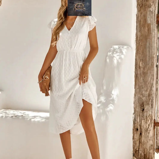 Pure white Swiss dot midi dress featuring ruffled cap sleeves and a V-neckline - Elegant flowy A-line summer dress with elastic waist - Stylish bridal shower or vacation outfit - ALL IN 1 WORLD