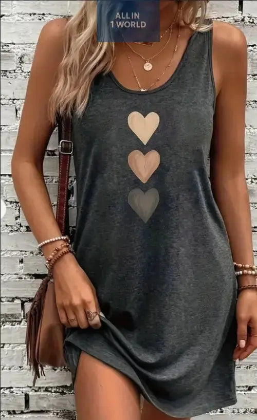 Casual dark grey sleeveless tank dress featuring a vibrant triple heart graphic print - Soft breathable crew neck mini dress for women - Perfect summer loungewear styling - ALL IN 1 WORLD