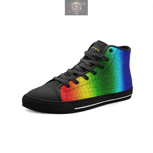 Single black VIPER Style 54TO high-top canvas sneaker, featuring a vivid rainbow mosaic hexagonal pattern against a sleek black sole and laces - Bold and creative streetwear design - ALL IN 1 WORLD