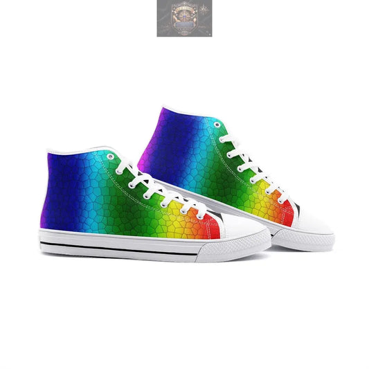 Perspective side view of white VIPER Style 54TO high-top canvas sneakers, featuring a vibrant rainbow mosaic hexagonal pattern - Classic white sole, laces, and toe cap with a creative artistic design - ALL IN 1 WORLD