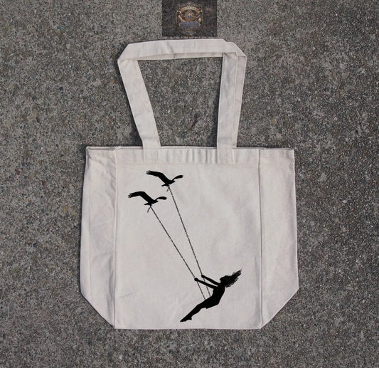 Flying bird swing- cotton canvas natural tote bag ALL IN 1 WORLD