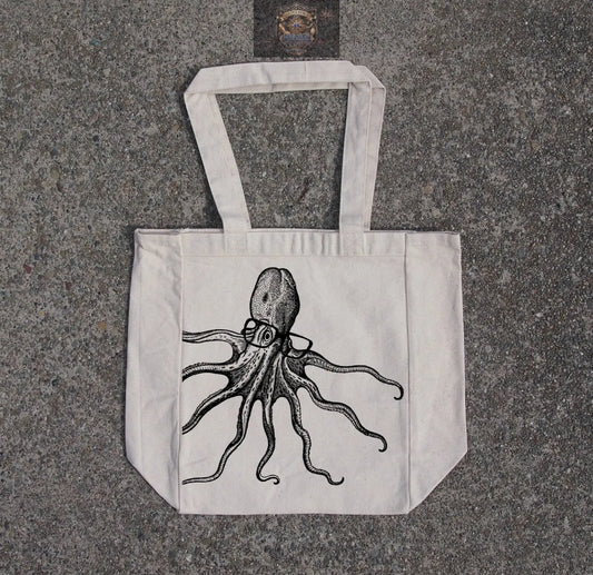 Octopus wearing glasses- cotton canvas natural tote bag ALL IN 1 WORLD