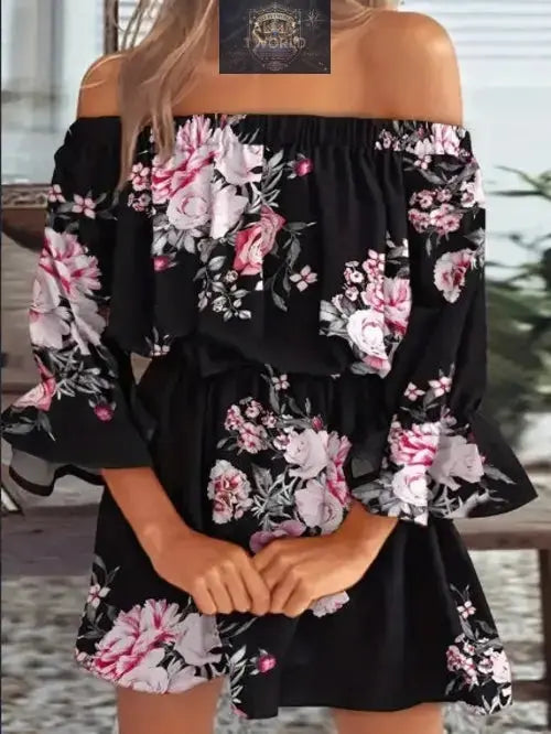 Short black off-shoulder floral dress for women with pink and white flower prints - Featuring a ruffled neckline and flare sleeves - Elegant sexy boho summer mini dress - ALL IN 1 WORLD