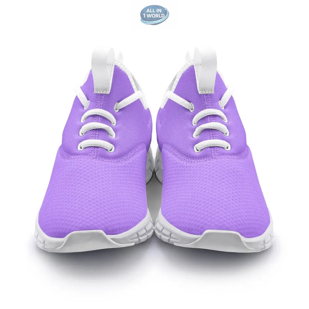 Front display of VIPER Style 54TF Lavender sneakers, featuring a breathable purple mesh upper and white athletic laces - Lightweight unisex sports footwear with a cushioned white sole - ALL IN 1 WORLD