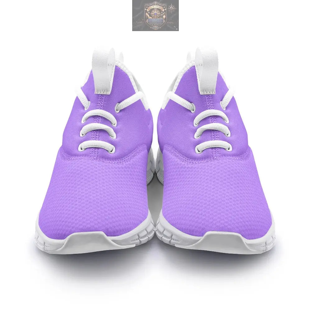Front display of VIPER Style 54TF Lavender sneakers, featuring a breathable purple mesh upper and white athletic laces - Lightweight unisex sports footwear with a cushioned white sole - ALL IN 1 WORLD