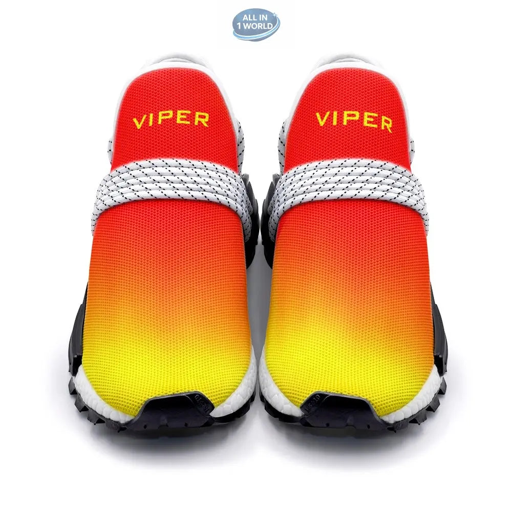 Front view of VIPER STYLE 55TR unisex sneakers featuring a vibrant red and yellow gradient design - Lightweight athletic footwear with white patterned laces and gold VIPER branding - ALL IN 1 WORLD