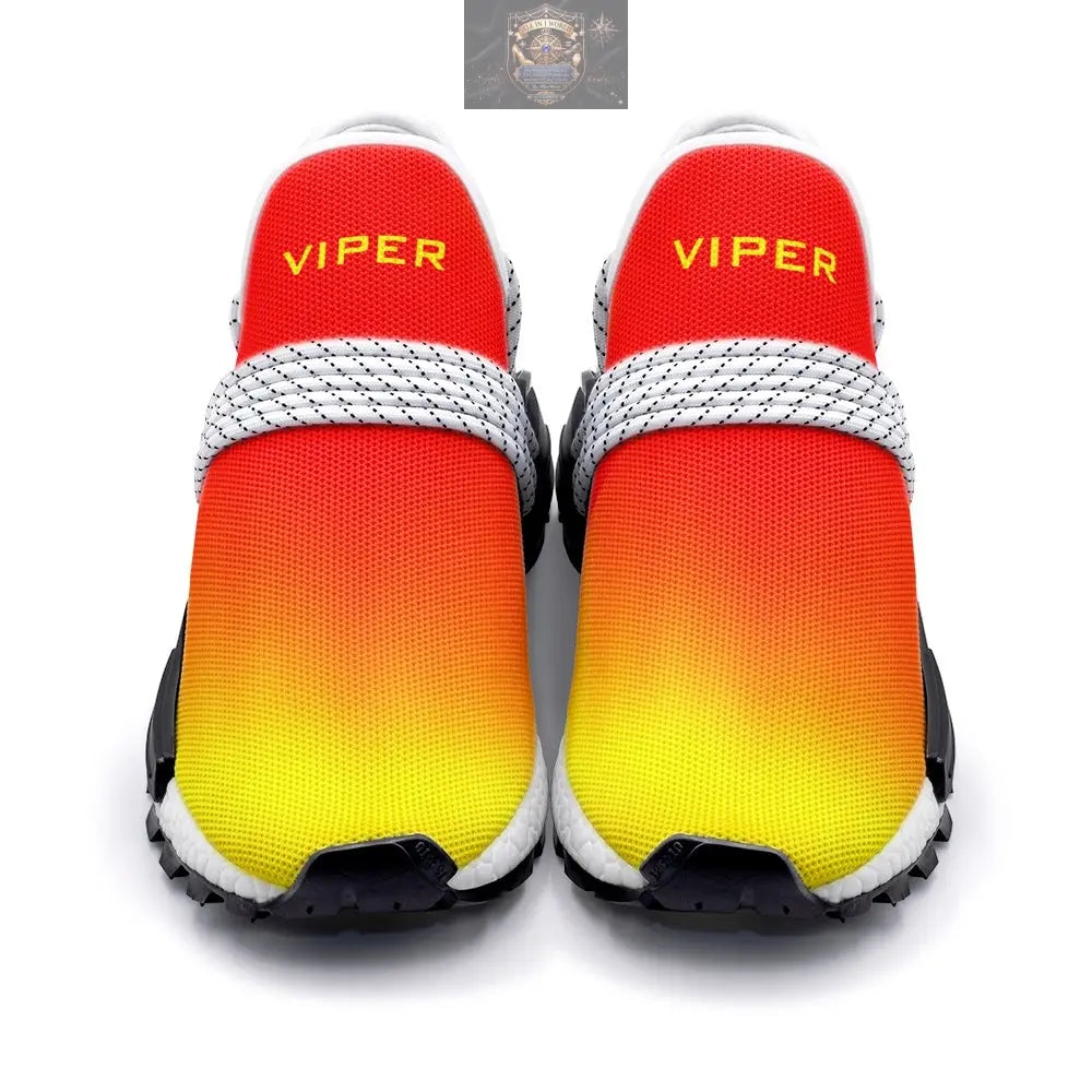 Front view of VIPER STYLE 55TR unisex sneakers featuring a vibrant red and yellow gradient design - Lightweight athletic footwear with white patterned laces and gold VIPER branding - ALL IN 1 WORLD