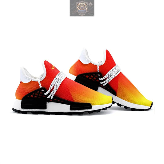 Side profile of VIPER 55TR gradient sneakers, showcasing the black support cage, white patterned laces, and the vibrant red-to-yellow sunset ombré design - Performance lightweight athletic footwear - ALL IN 1 WORLD
