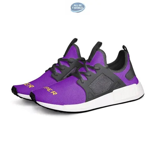 Perspective duo view of purple VIPER 54TR sneakers with black laces and supportive side cages - Lightweight athletic footwear featuring a vibrant purple upper and white performance sole - ALL IN 1 WORLD