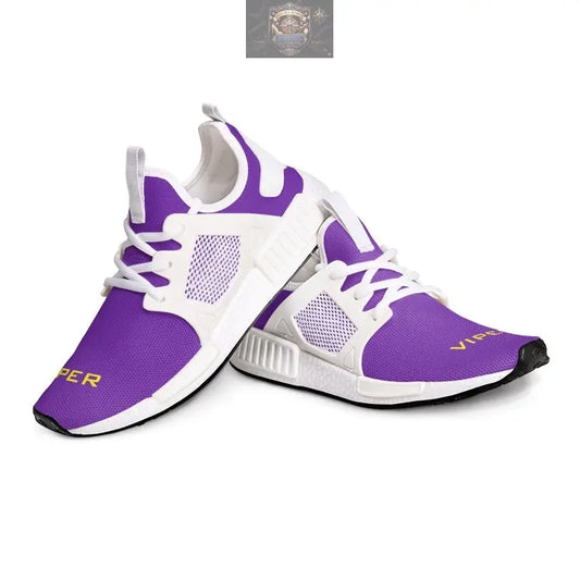 Dynamic side view of purple VIPER 54TR sneakers, showcasing the white supportive side cage and breathable mesh upper - Stylish unisex athletic footwear with yellow VIPER branding - ALL IN 1 WORLD