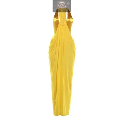 Front view of a vibrant yellow Spring maxi dress featuring a deep V-plunge neckline and sexy pleated waist design - Elegant tight-fit long dress for women - ALL IN 1 WORLD