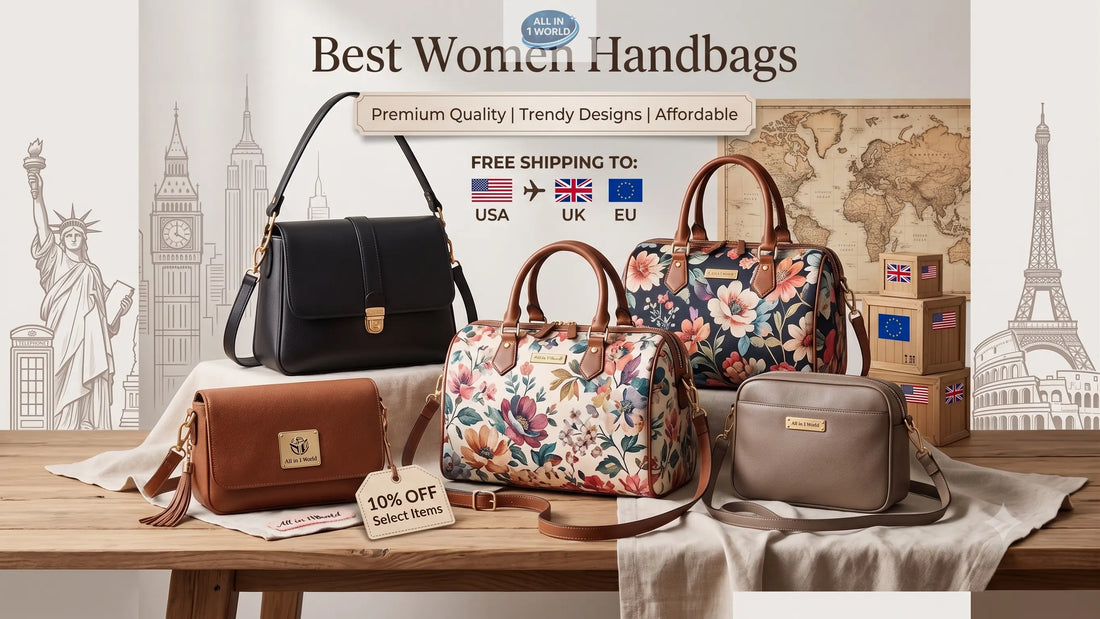 Collection of elegant women's handbags including shoulder bags and floral Boston styles, with a promotional banner for free shipping to the USA, UK, and EU, and a 10% off tag.