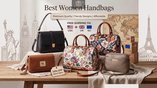 Collection of elegant women's handbags including shoulder bags and floral Boston styles, with a promotional banner for free shipping to the USA, UK, and EU, and a 10% off tag.