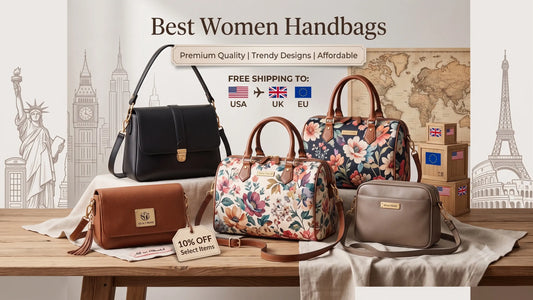 Collection of elegant women's handbags including shoulder bags and floral Boston styles, with a promotional banner for free shipping to the USA, UK, and EU, and a 10% off tag.