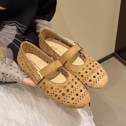 Vintage perforated suede ballet flat, side view