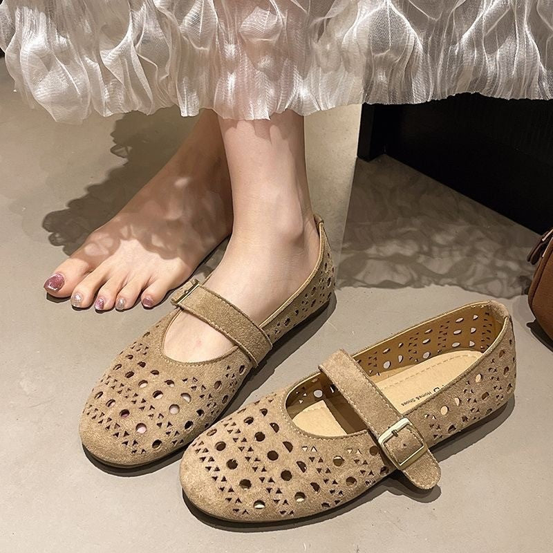Vintage perforated suede ballet flat, angle view