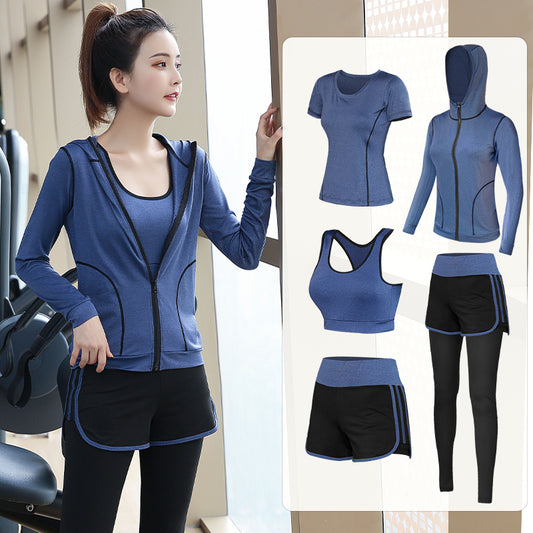 Blue gym and yoga set on model with individual pieces shown