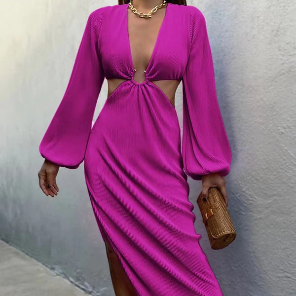 Women's Pleated Cut-Out Maxi Dress | Deep V-Neck Evening Dress