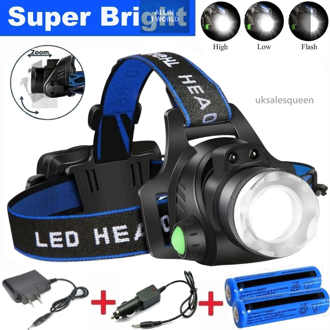 990000LM Headlamp Rechargeable LED Headlamp Zoomable Torch Tactical Headlight all in 1 world